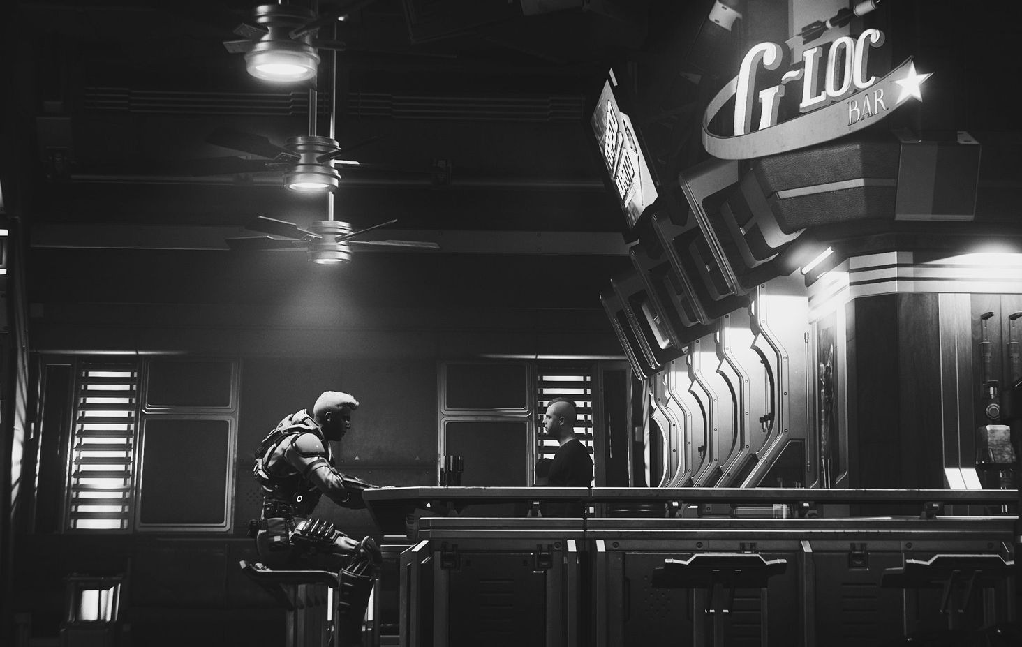 Amidst the boisterous echoes and neon whispers of Area 18, I find solace in the stillness. The cosmos and I share a silent understanding; as I sip my drink, the stars become my companions, and the void within me finds a temporary respite.