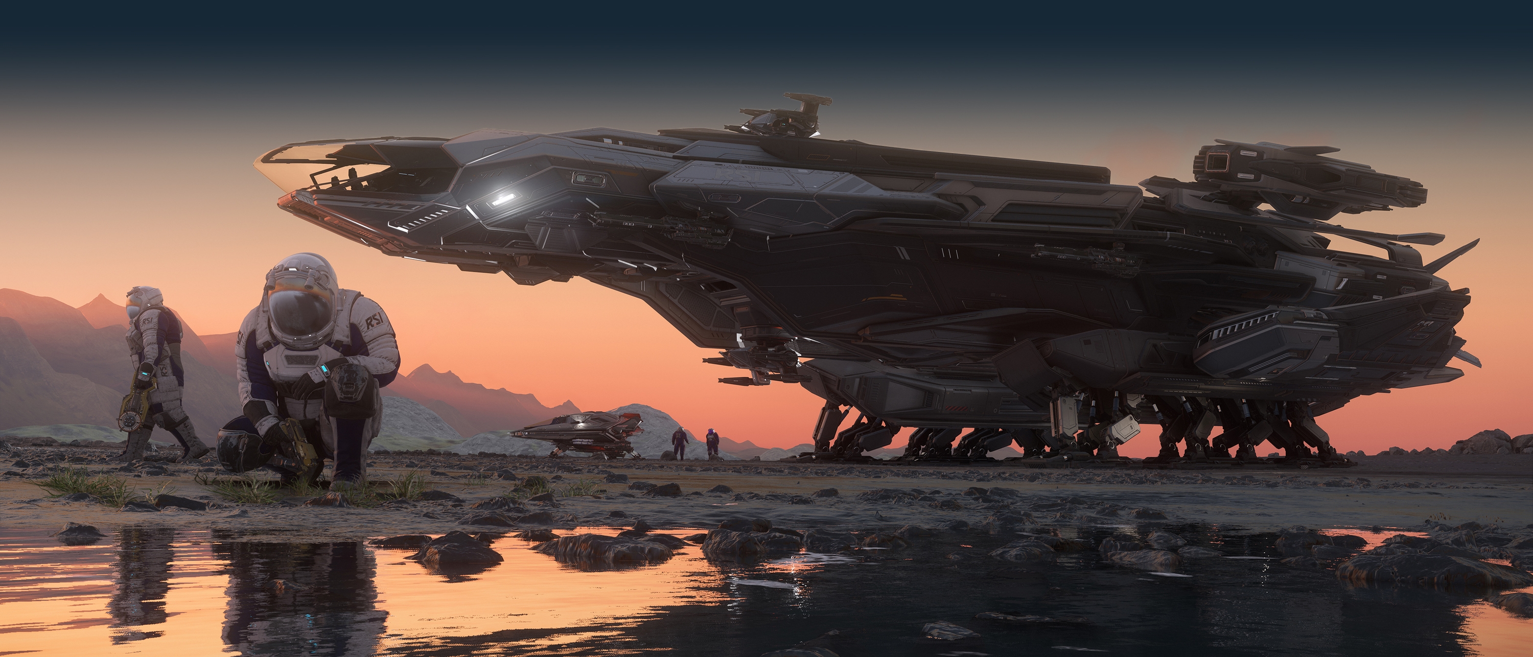 Constellation Mk V Centaurus landed at sunset with two RSI-suited crew members