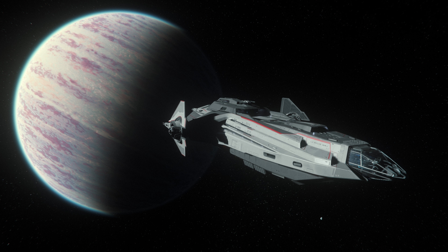 An Anvil Carrack, the Quantum Ranger, is leaving its home port of Orison, Crusader, Stanton System.