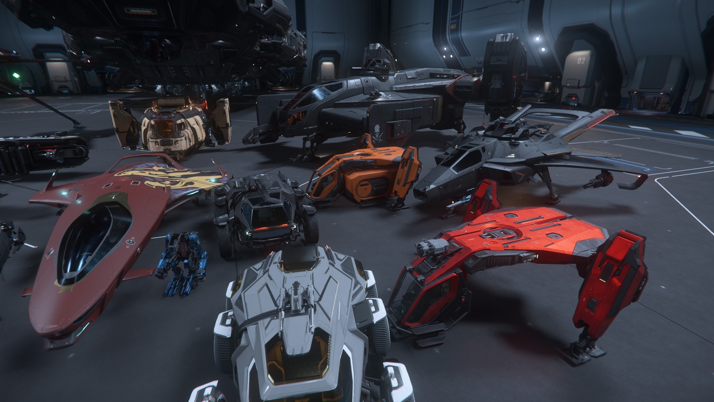 Seen in this photo: Drake Cutlass Black, Drake Cutter Rambler ARGO MPUV Cargo, ARGO MPUV Tractor, Anvil Hornet F7A MKII, Origin 100i, ARGO ATLS, RSI Ursa Medivac, RSI Ursa Lynx