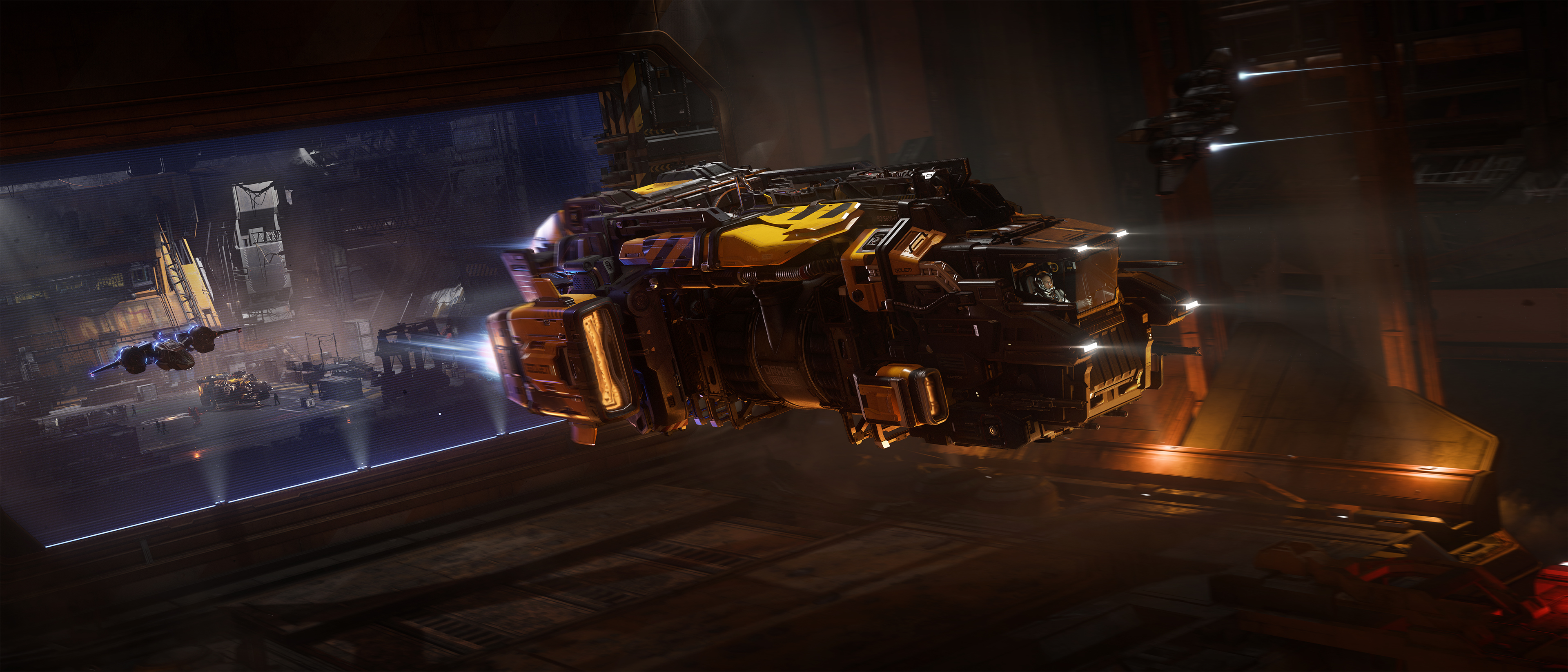 Drake Golem leaving an industrial hangar