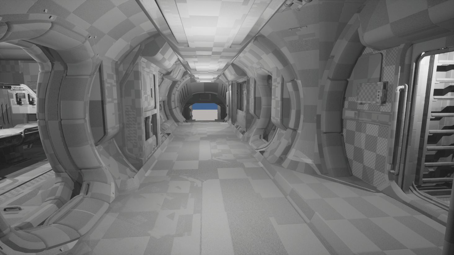 Main corridor, looking towards front airlock. Right: ladder to scanning room