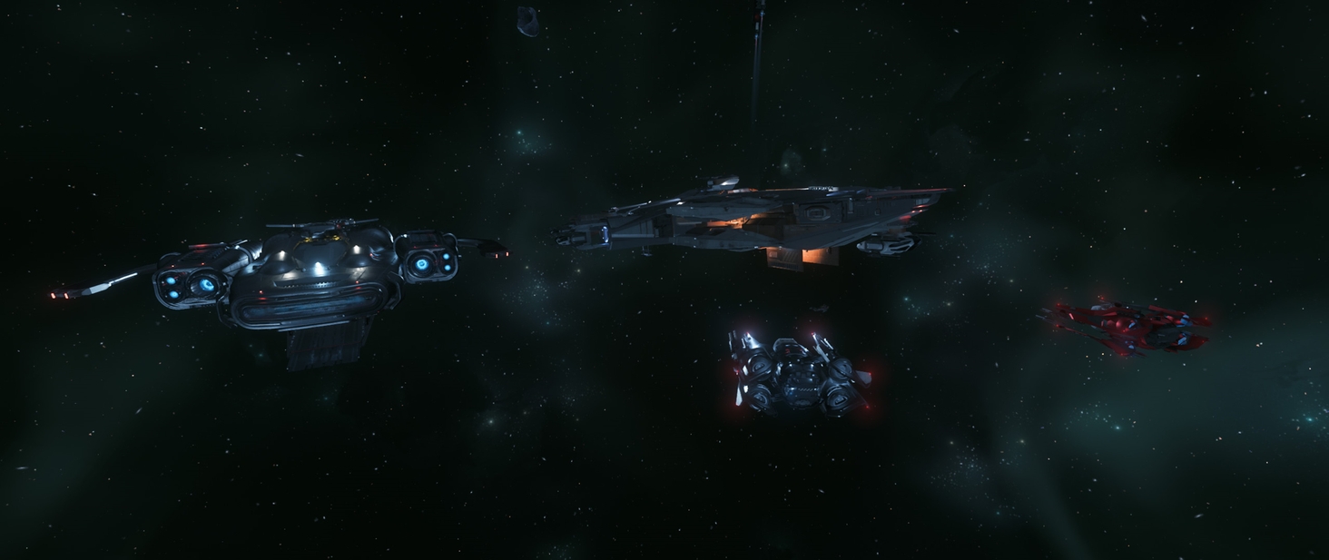 Starlancer MAX & 2 Mirai Fury's stop just outside the destroyed hull of a Hammerhead