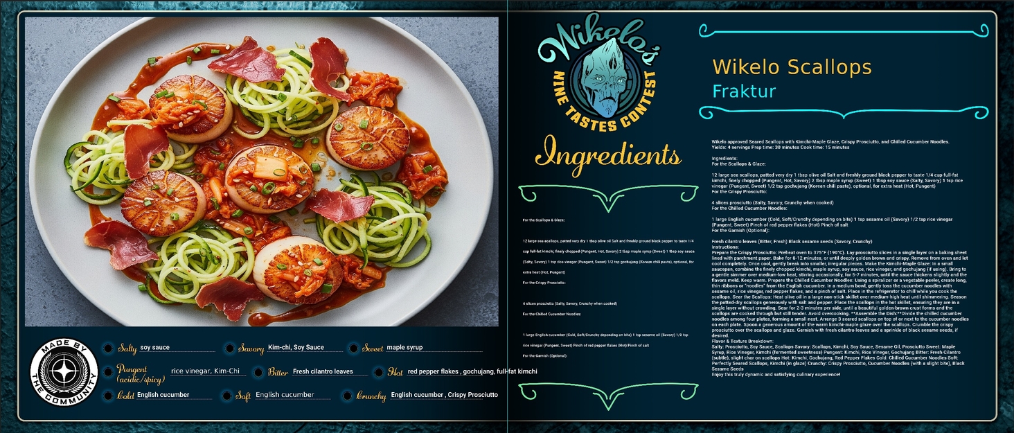 This dish is a symphony of contrasting flavors and textures. The sweet and savory scallops are balanced by the pungent and spicy kimchi glaze, while the bitter and cold cucumber noodles provide a refreshing counterpoint to salty crunch of prosciutto