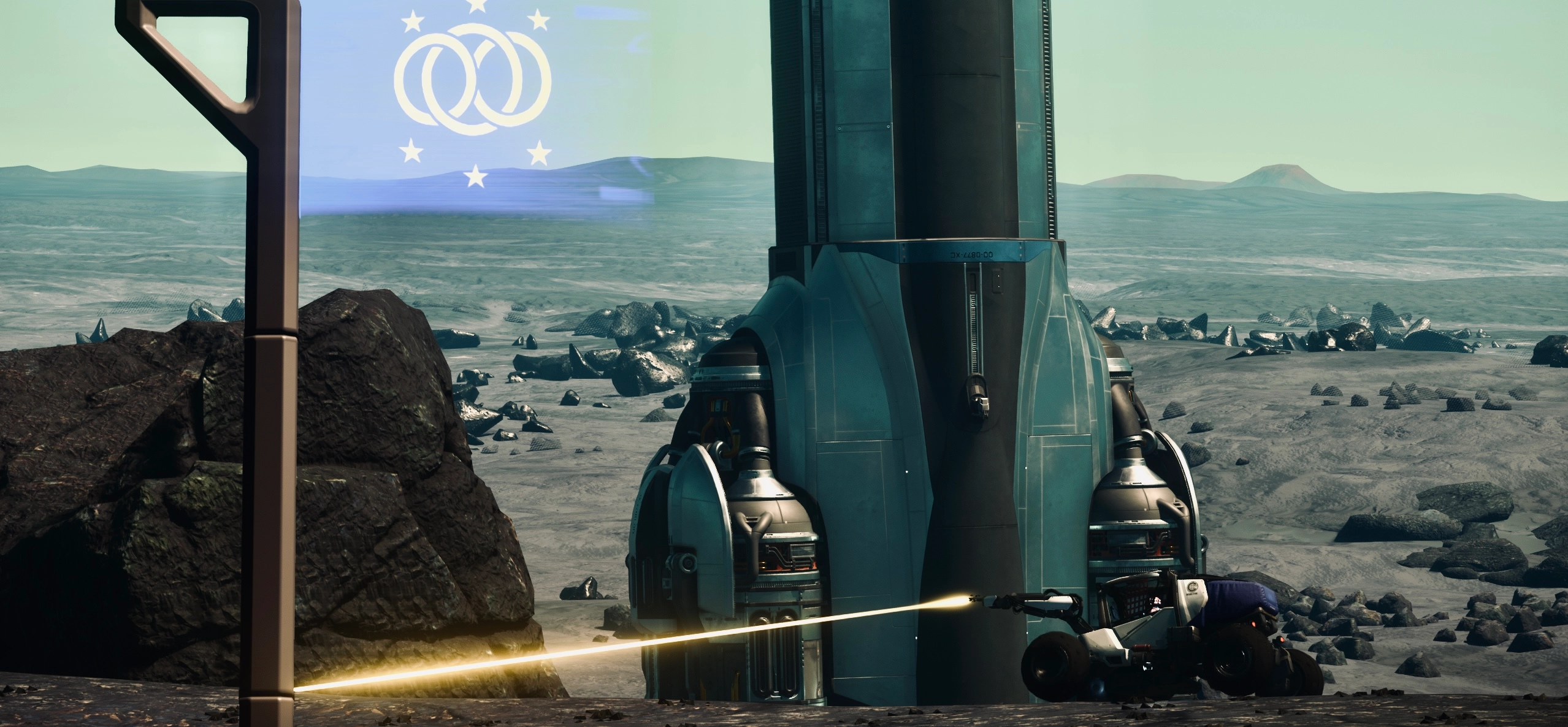 An armed character crouches beside a tall structure on rocky terrain as a bright shot crosses the scene