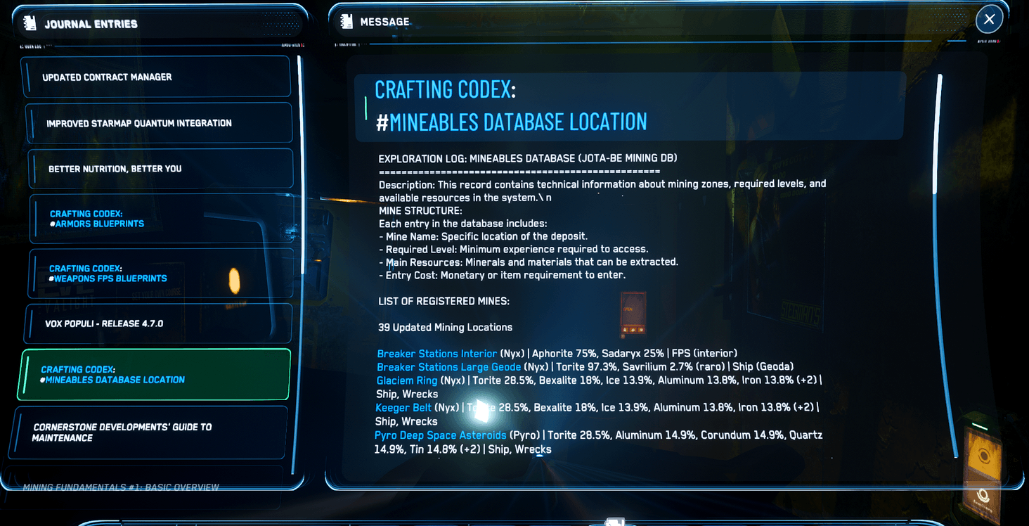 CRAFTING CODEX – NEW (Journal) Mineables Locations
