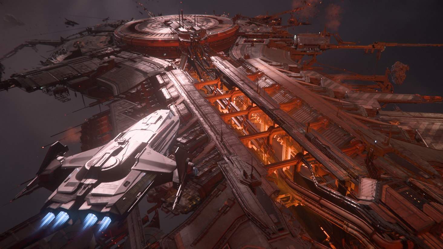 Over the ominous bulk of Starlight Station, a derelict space station outside of Bloom's orbit in the unstable light of Pyro's star, a Carrack-class exploration ship prepares for docking.