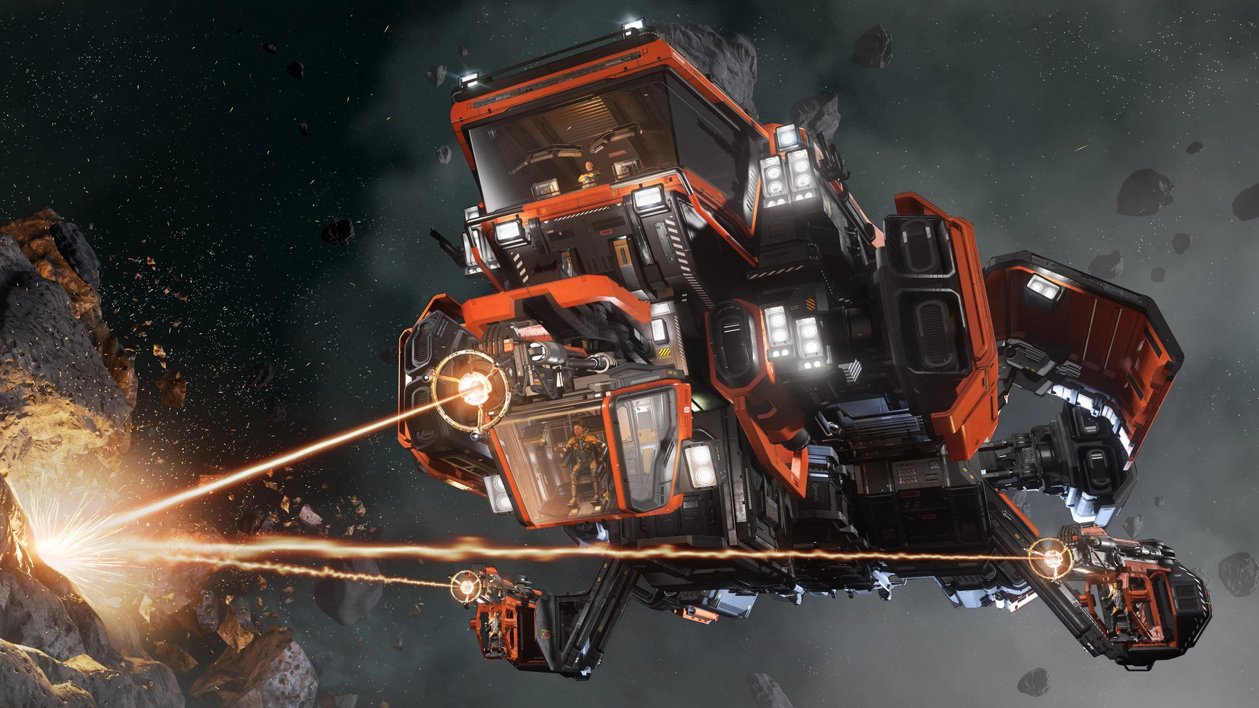 Argo MOLE using its mining stations in an asteroid field