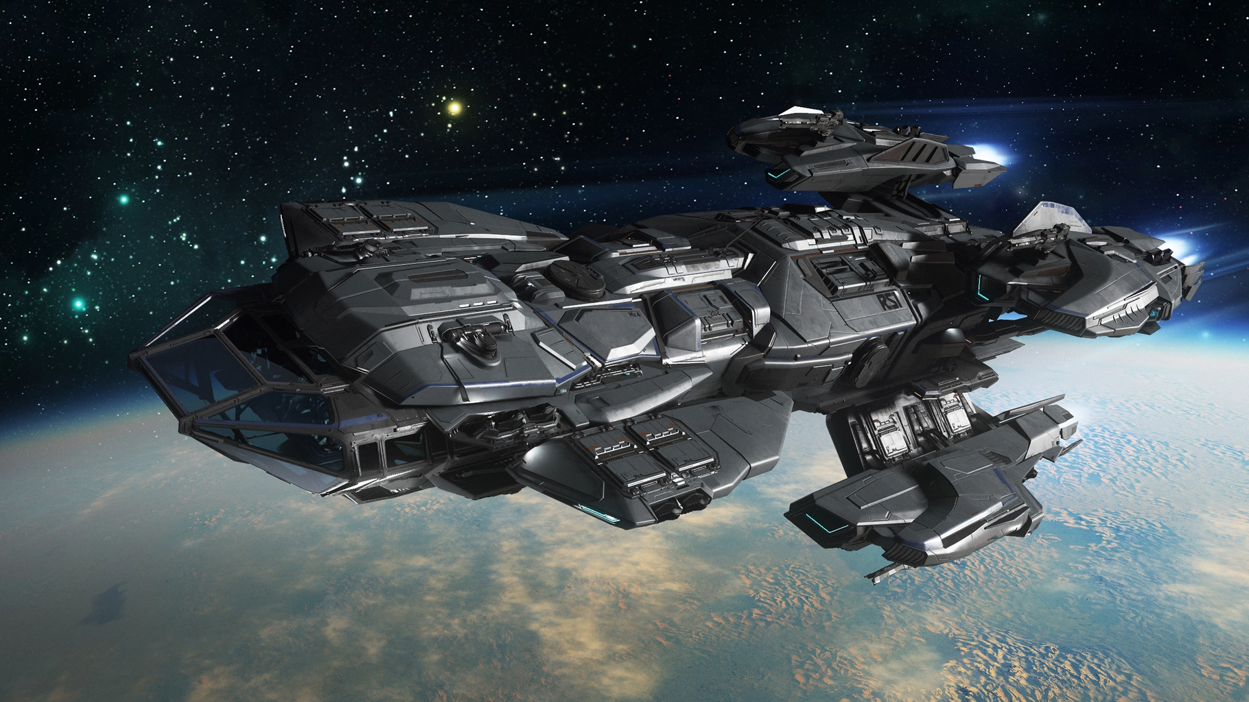 Existing RSI Constellation Andromeda above a planet; not Mk V reveal artwork
