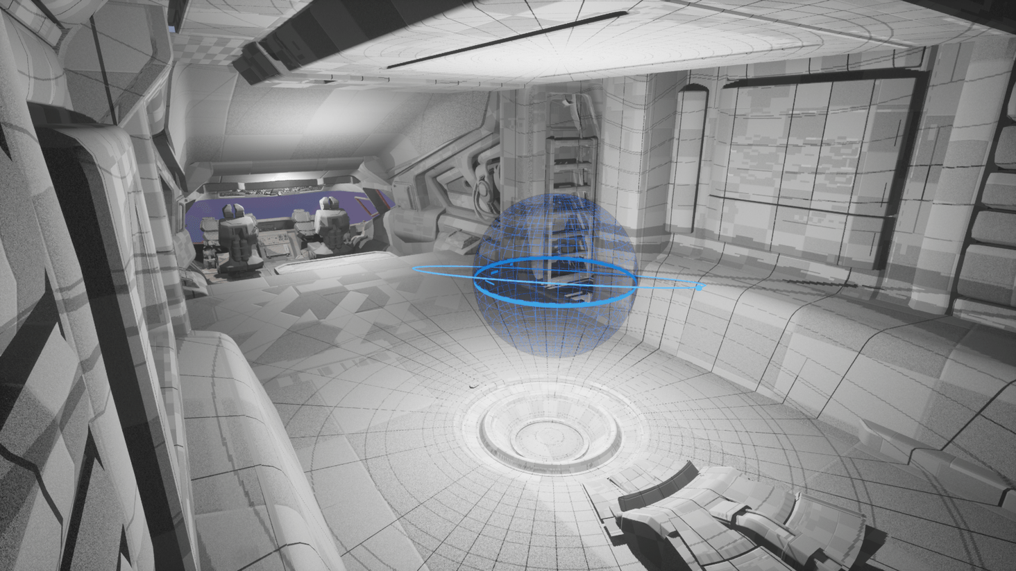 Holographic map behind cockpit. Ladder connects to main corridor