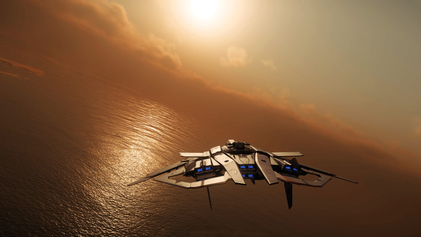 Enjoying the sunset in the seat of my F8C over the waters of Hurston after a long day of bounty hunting.