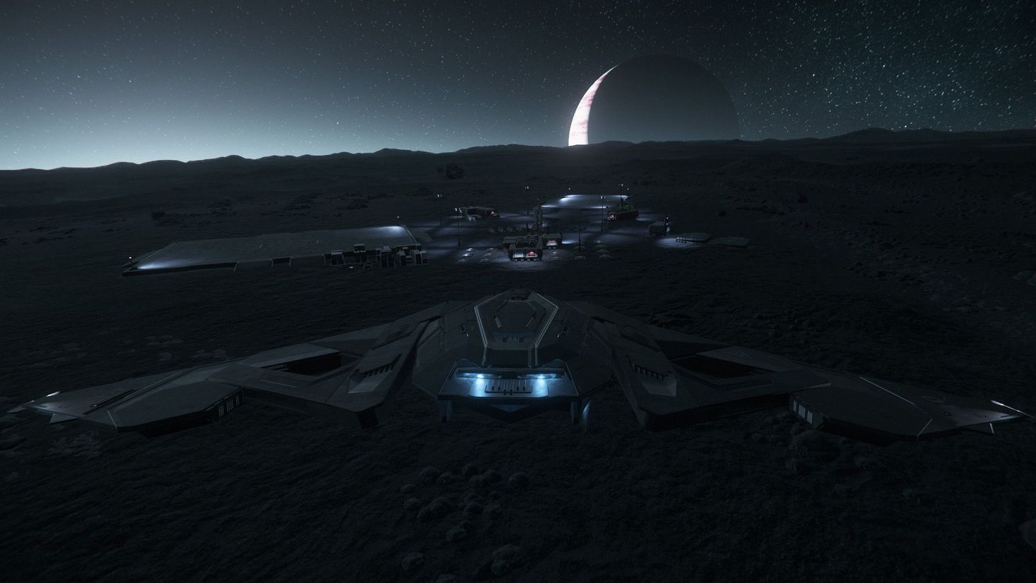 View of Hickes Research Outpost on Cellin in an Eclipse with Crusader rising above the horizon