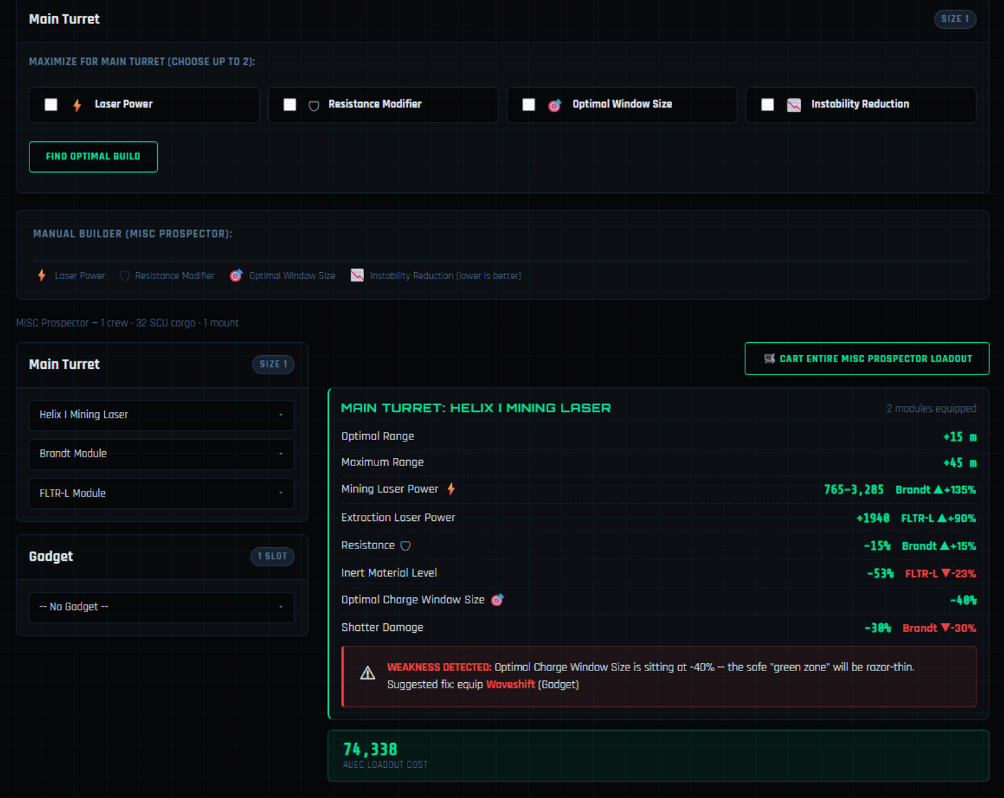 Ship loadout screen that allows you to easily apply mining components to a Prospector, Golem, or Mole before you buy the parts and get an approximate idea of what you are going to get. Tool also advises when you are likely to need a gadget. 