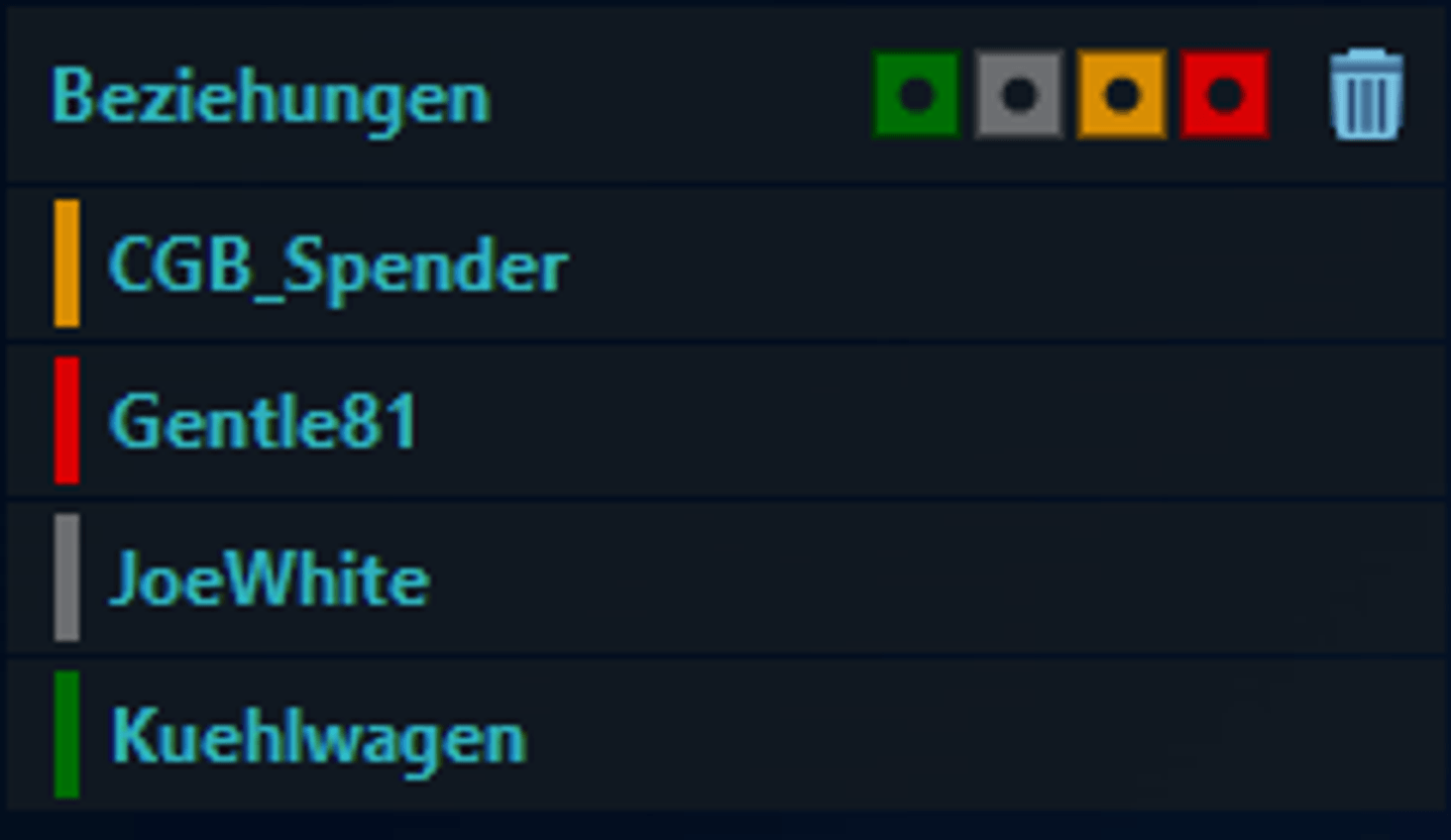 Beziehungen - Auflistung von Beziehungen zu Spielern mit Filtermöglichkeiten