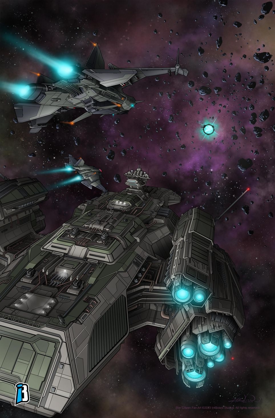 My comic art illustration of a Bengal carrier and Gladius approaching a jump point.
This one took me almost 100hrs to do.

Then they removed the jumpgate rings... sigh.