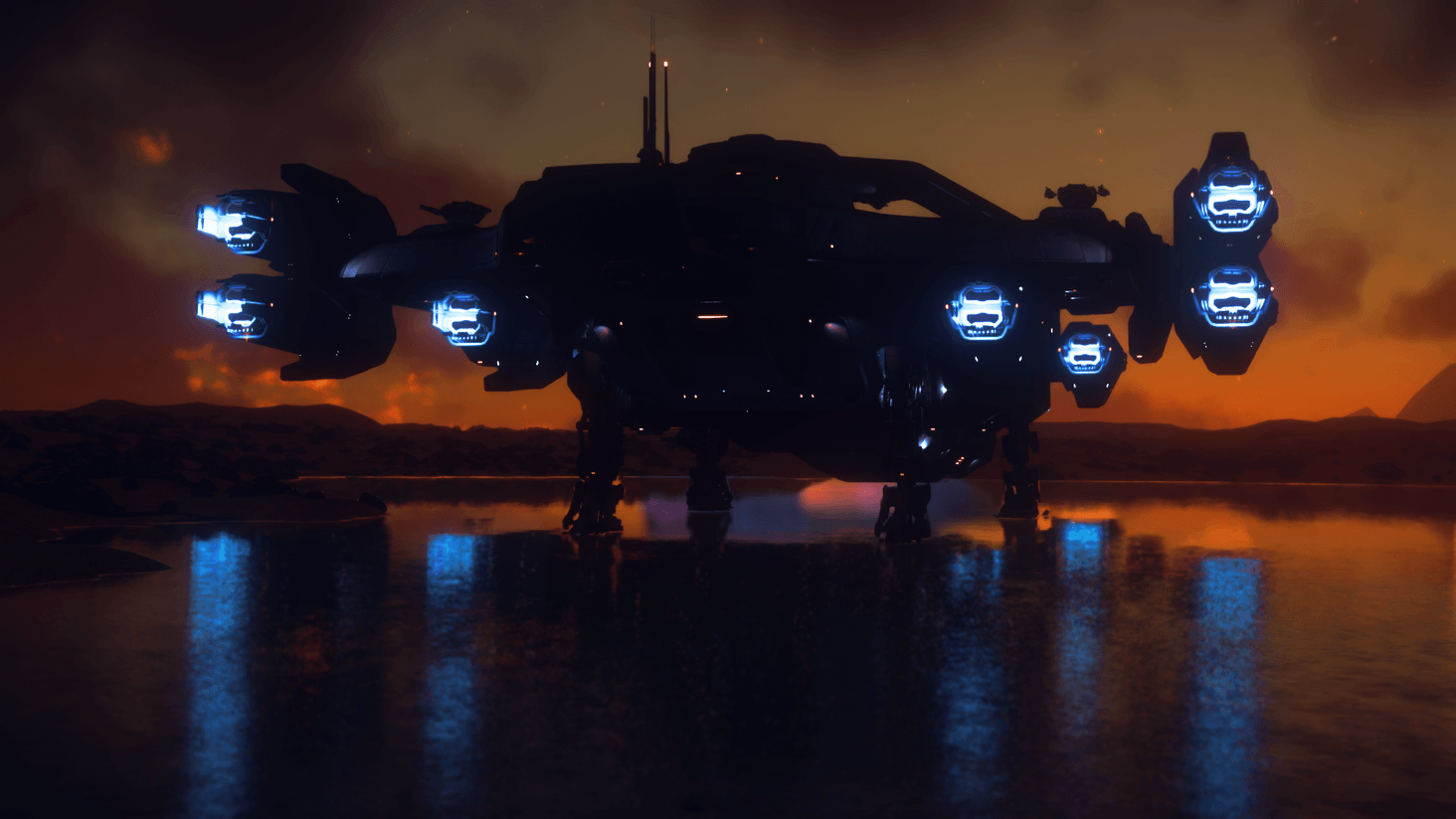 A soothing sunset with the reflection of the Idris-K in shallow lakes of Bloom