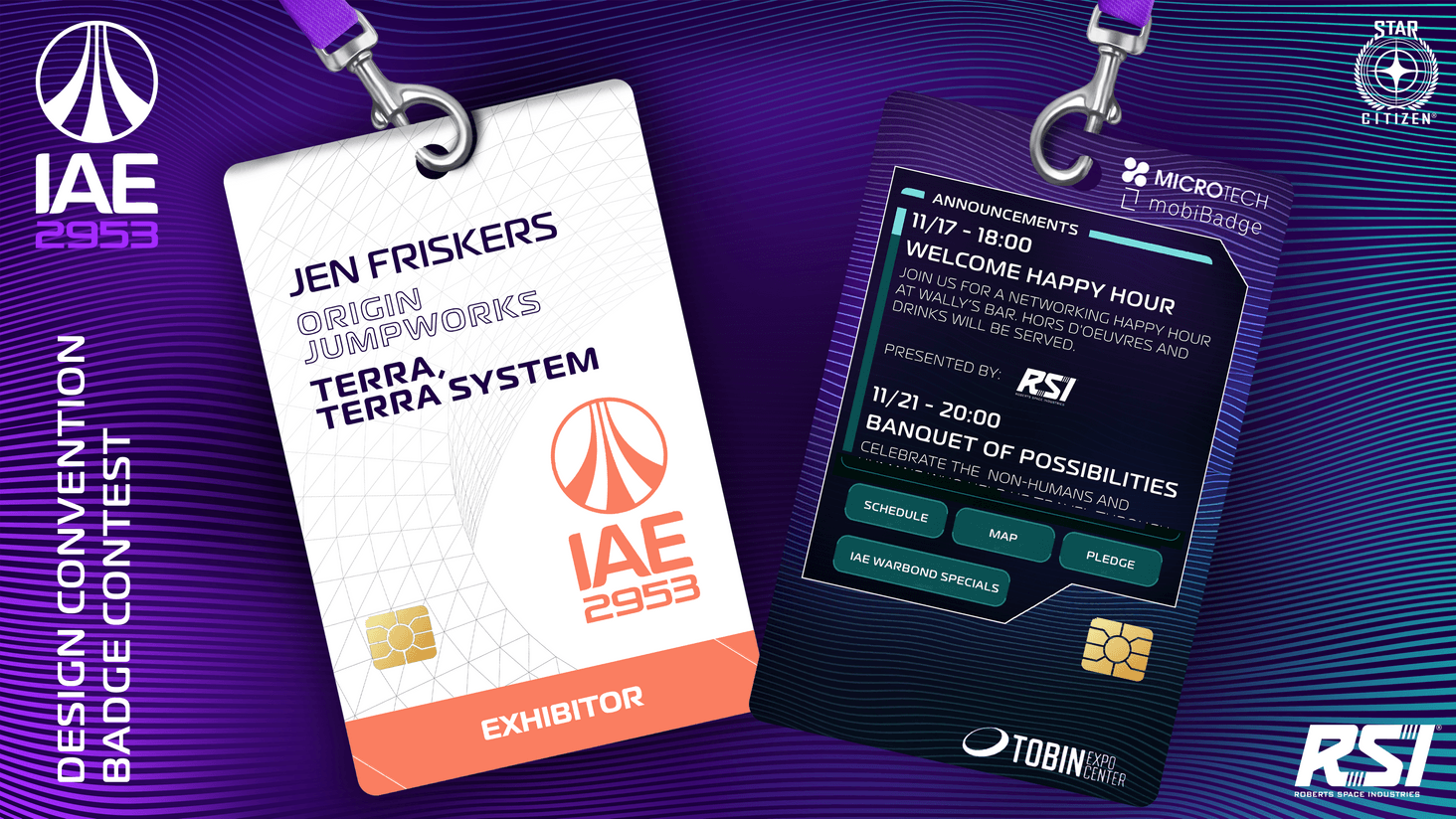 This badge shows that the attendee is part of a vendor or exhibitor's staff. Notice the security chip for secure event access. The crowning jewel of the card is the interactive display of the mobiBadge from MicroTech.