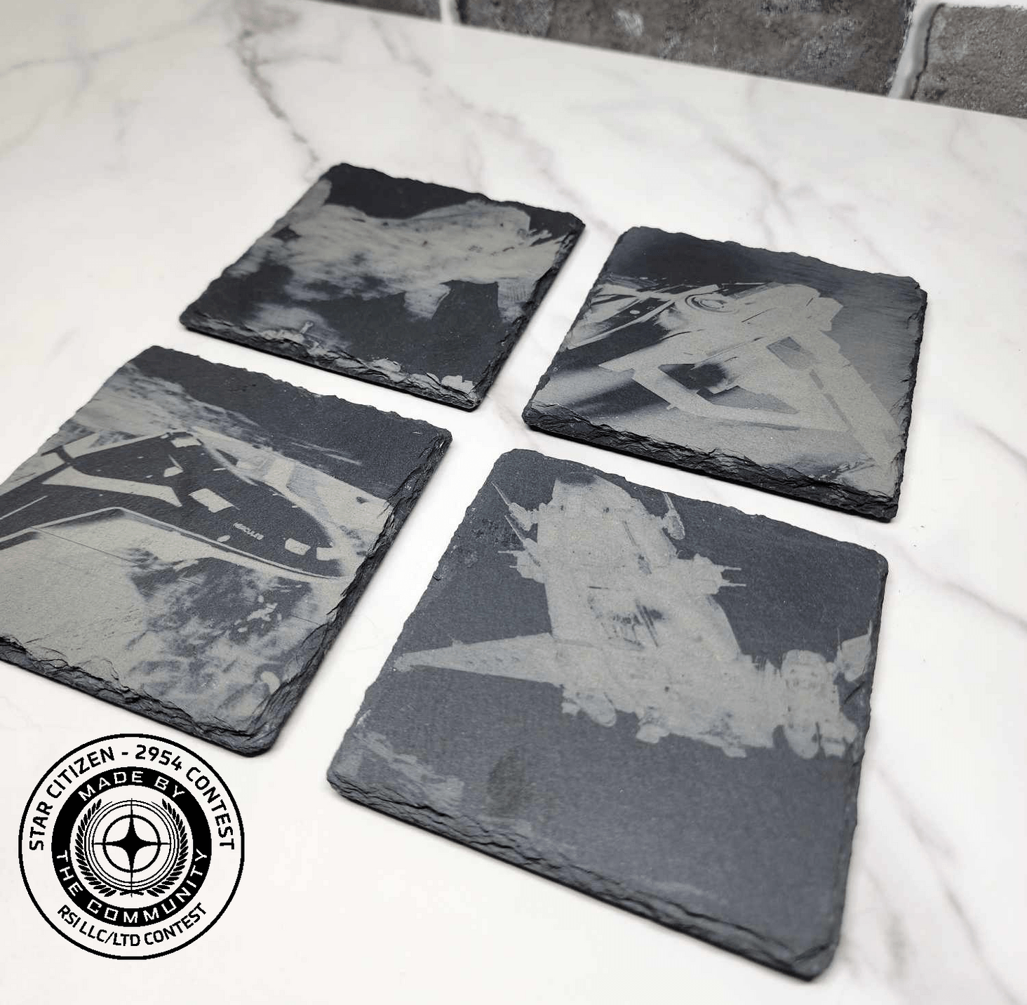 Slate Coasters I laser engraved for for my nominations in 4 categories. Industrial, Transport, Combat, and Exploration. 