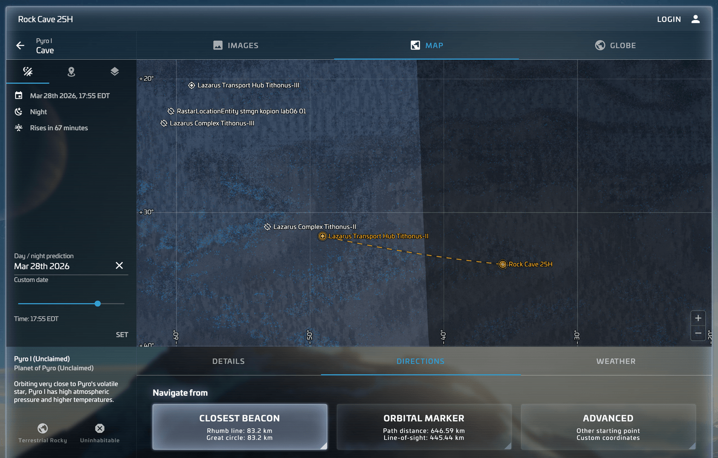 2D planetary maps with daylight prediction and navigation instructions