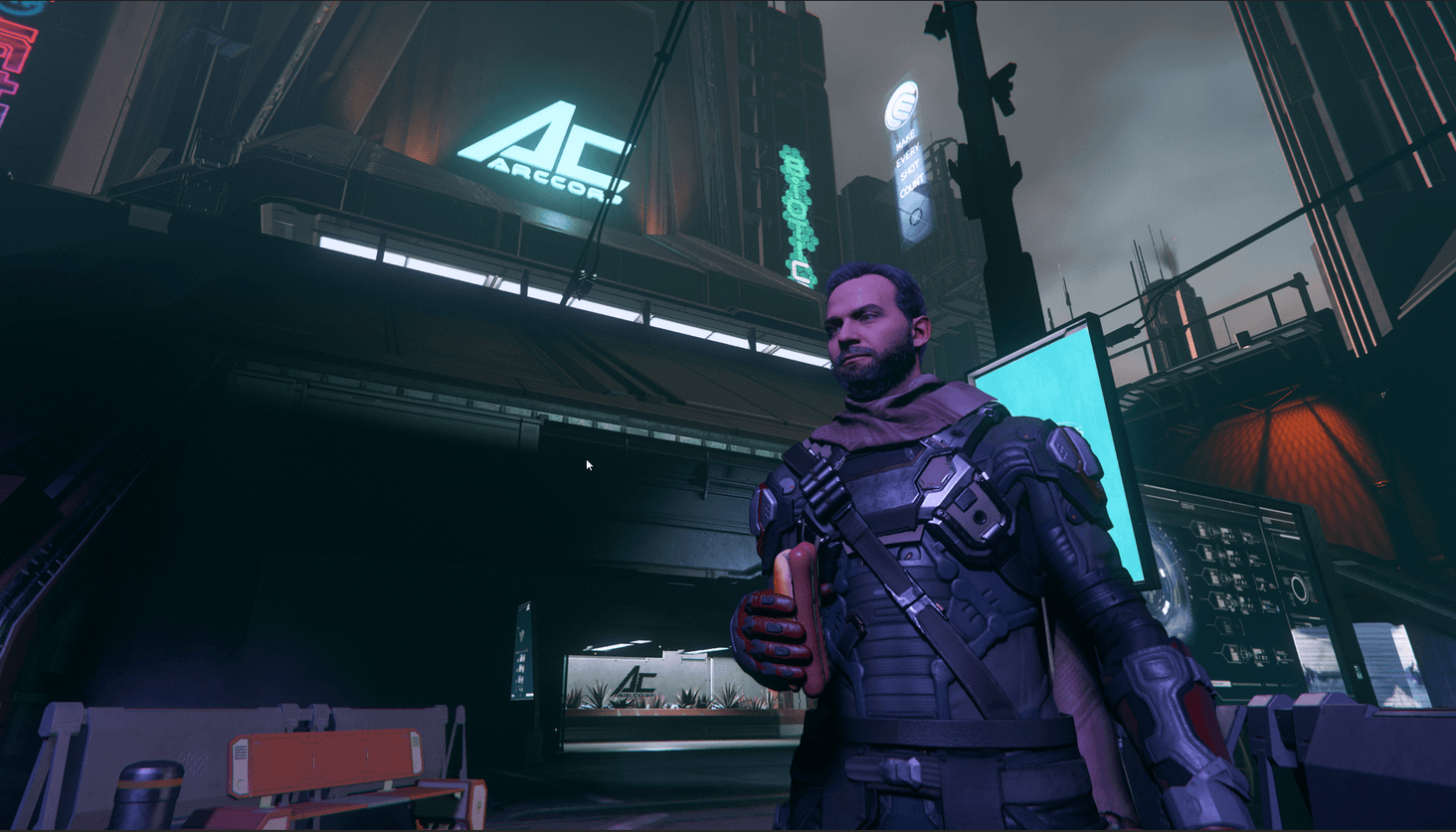 LCdr Elias Voss, enjoying a Double Dog in front of ArcCorp Headquarters, Area 18, Stanton