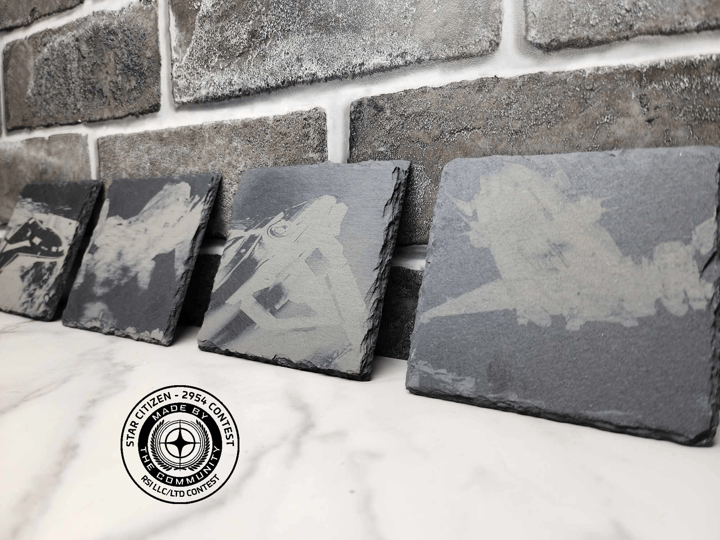 Slate Coasters I laser engraved for for my nominations in 4 categories. Industrial, Transport, Combat, and Exploration. 