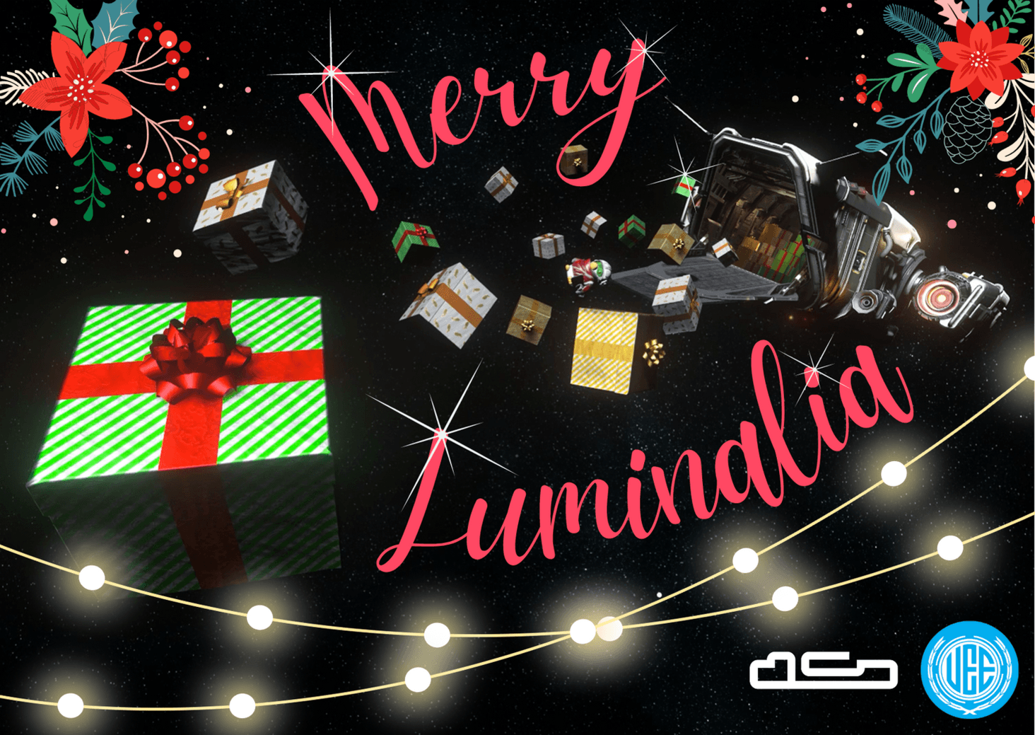 Merry Luminalia Greetings Card with the Drake Cutter ship is loaded with Luminalia gifts, embarking on a journey to spread joy across countless galaxies.