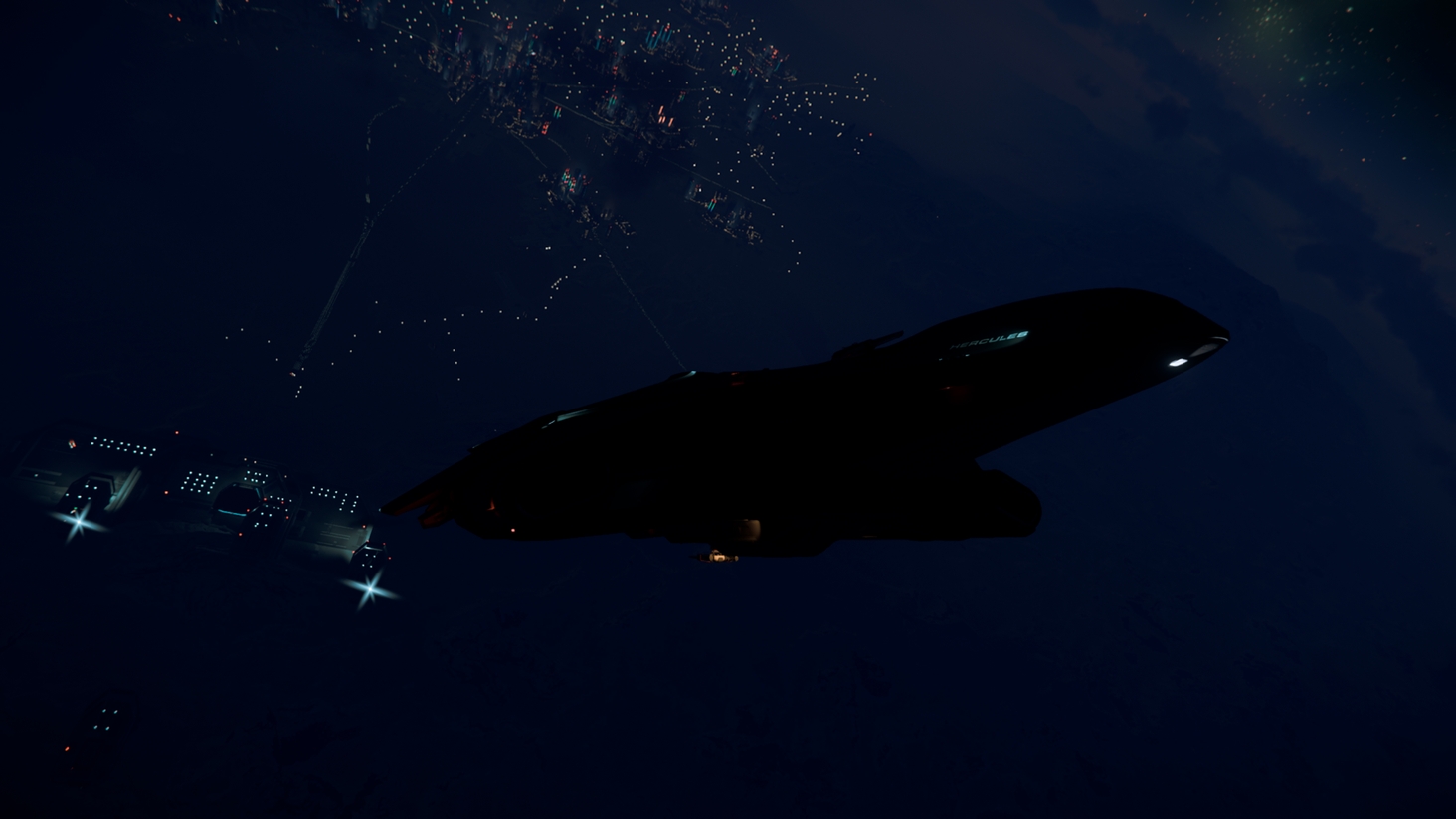 The silhouette of the C2 Hercules cuts through the night sky, city lights shimmering below as it departs into the darkness.