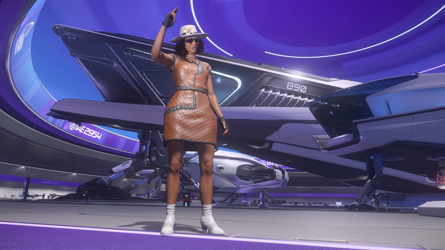 Representin' in Lux Style and pointing to the giant O for Origin Jumpworks on the convention hall ceiling!  Benaderet Dress by Dyna Lei, Pacifica Hat by Fiore,   Apex Glasses by Octagon Mercury Gloves by DMC, Ivers Boots by OpalSky