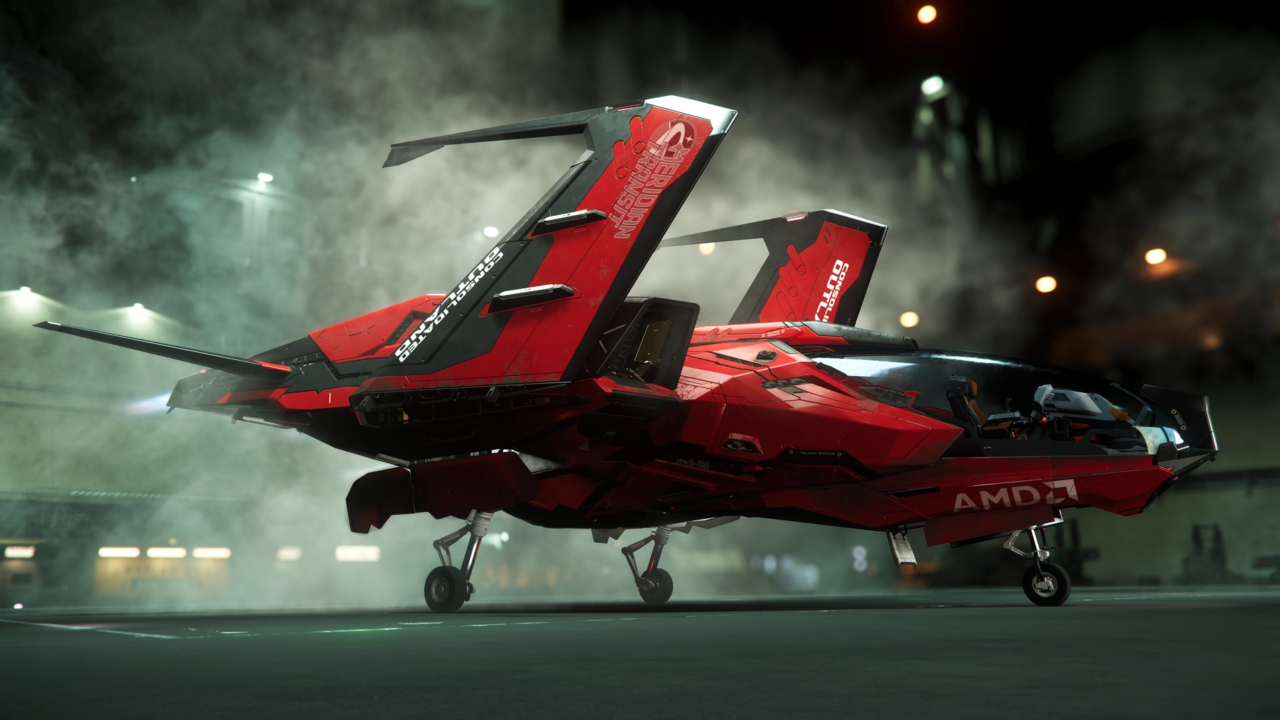 Red Mustang Omega in a hangar