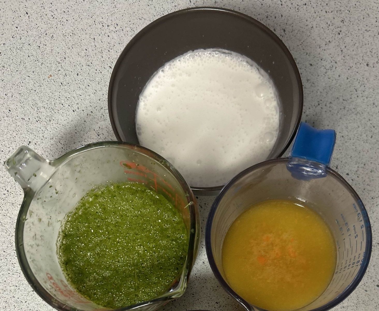 The three sauces after having all the calcium lactate added, full of air bubbles! Got to let it rest for a while, or use a vacuum sealer, to get all the bubbles out! 