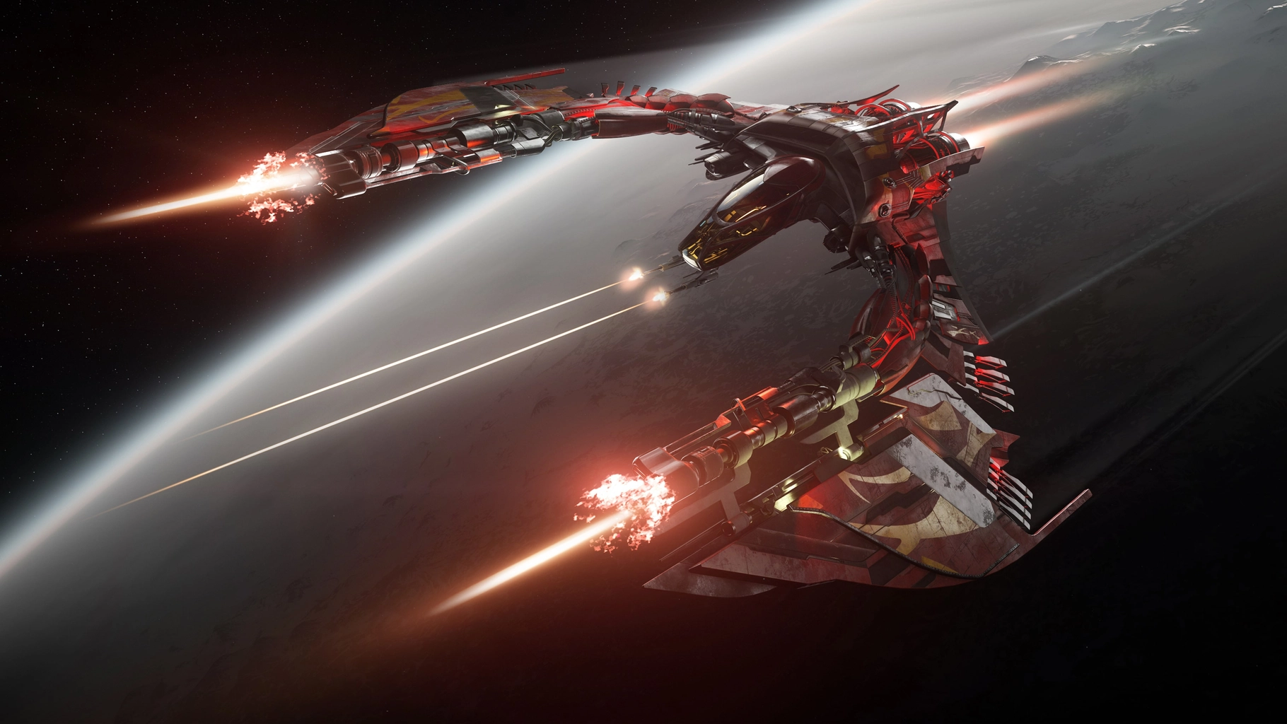 Esperia Glaive firing its weapons above a planet