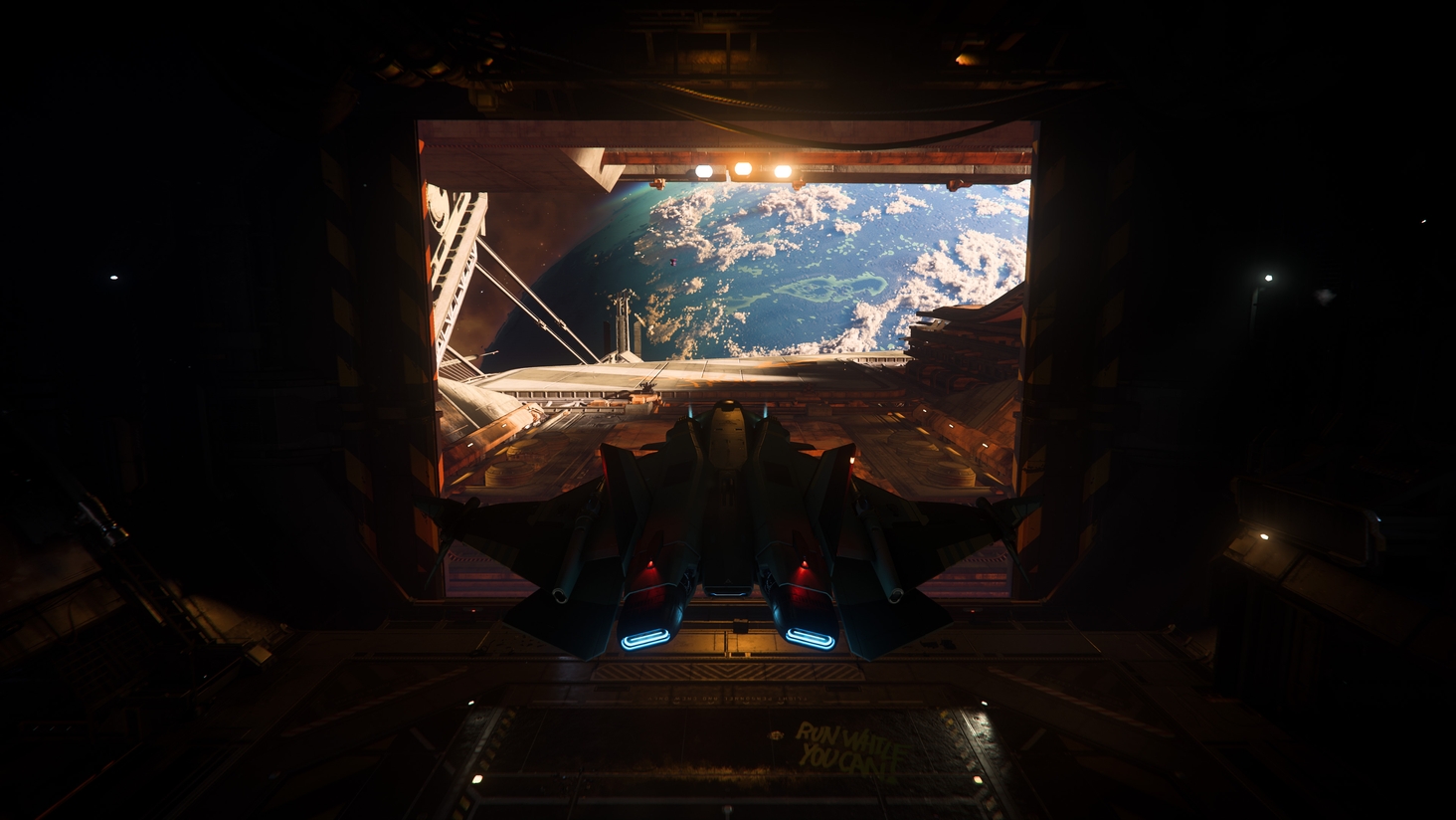 A Gladius sets off from Starlight Service Station. Bloom's beautiful skies are welcoming and peaceful, while an ominous warning message is visible on the flight deck. 