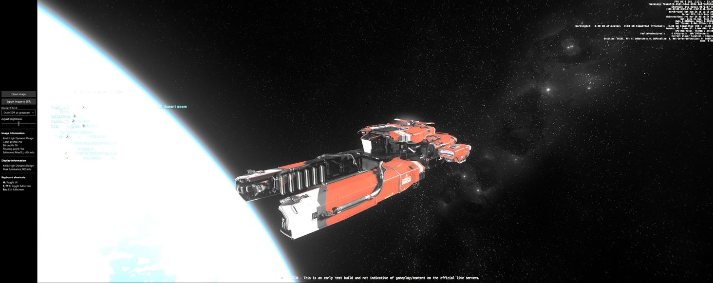 Screenshot of a JXR image viewed in the HDR + WCG Image Viewer app. Shows SDR mapped to grayscale. Notice how only the paint on the hull has color due to the game's shaders being the only 10 bit HDR element. The rest is SDR values.